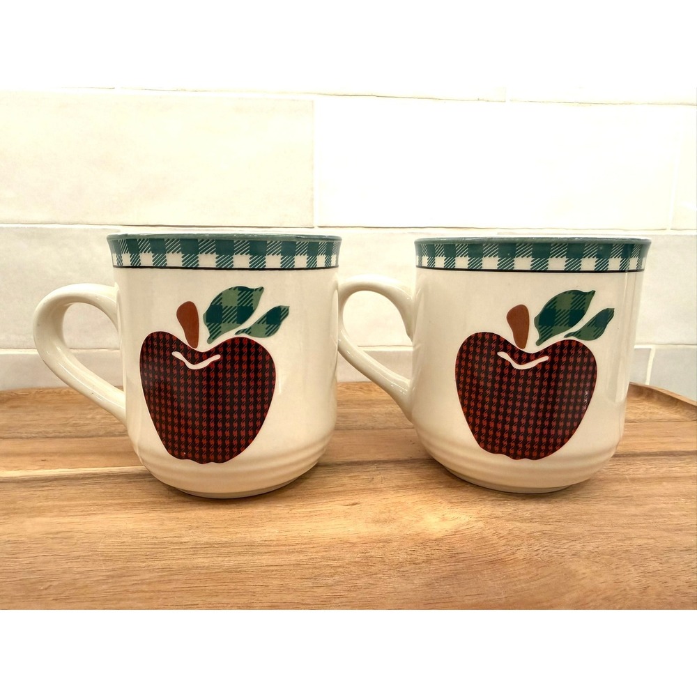 International China Applejack Mugs Set of 2 Buffalo Plaid‎ Houndstooth Stoneware